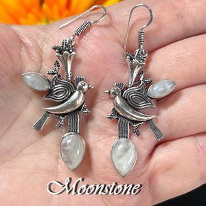Rainbow Moonstone Earrings Long Handmade Gemstone Crystal 925 Silver Bohemian